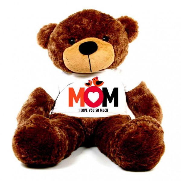 Brown 5 feet Big Teddy Bear wearing a Mom I Love You So Much T-shirt